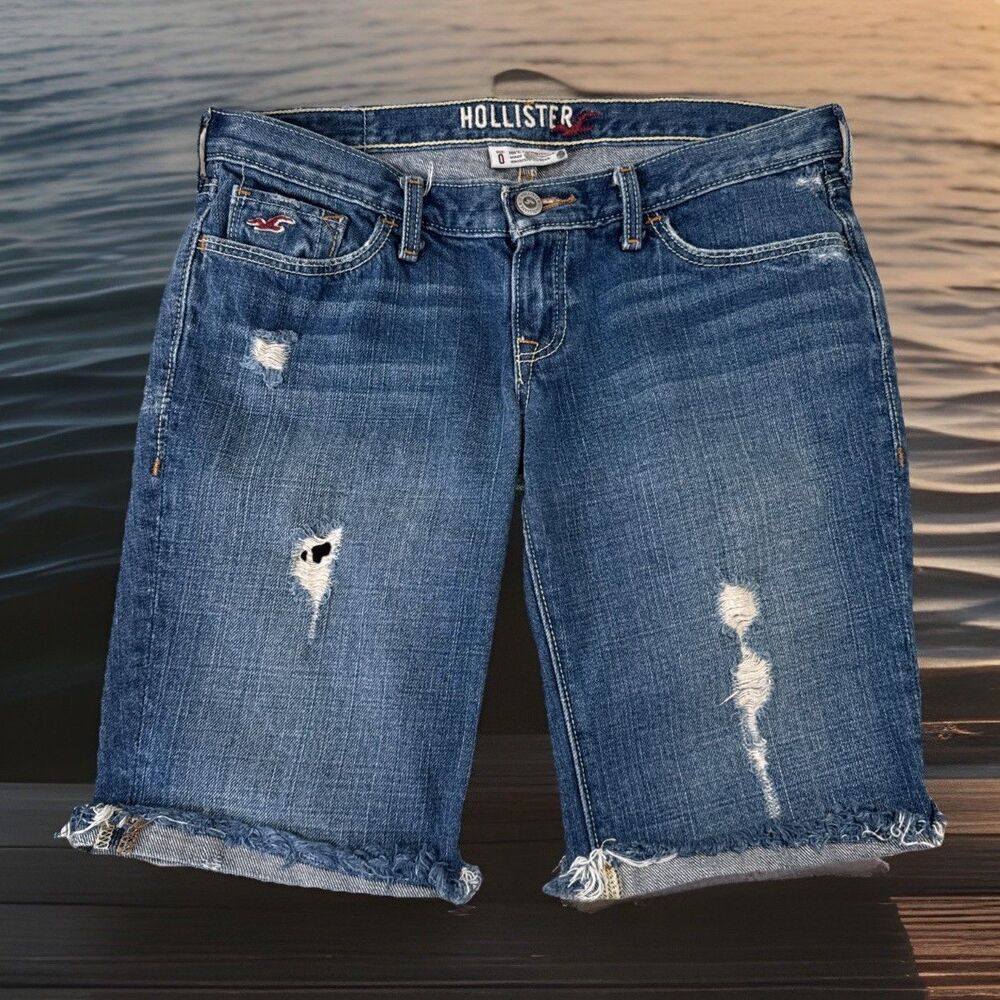 Hollister Low Rise Bermuda Shorts 0 (W27 Inseam 9.5) Blue Distressed Cuff Womens